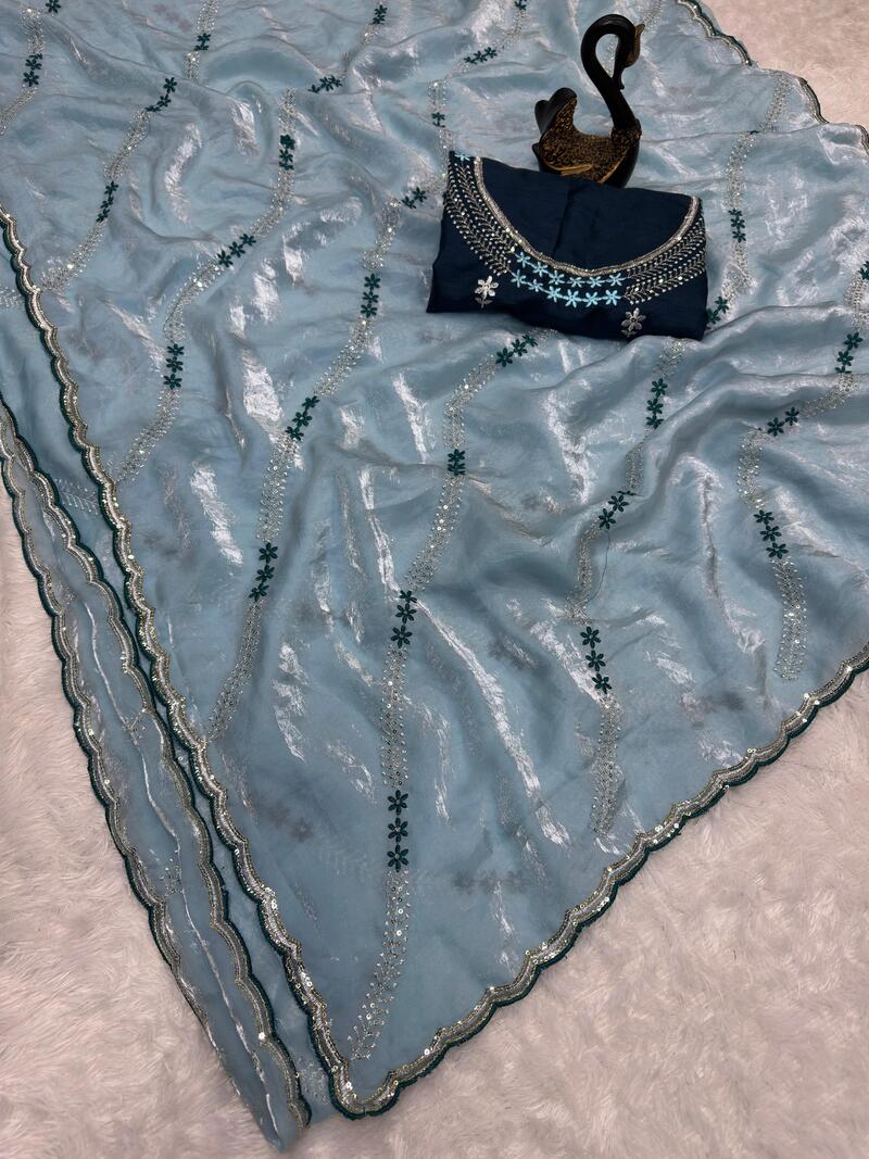 Ravishing Sky Sequence Work Fandy Silk Saree With Gorgeous Blouse Piece