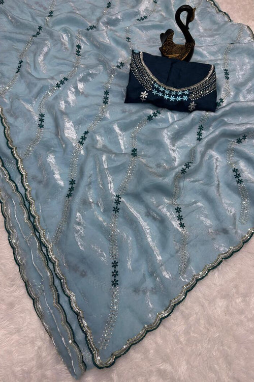 Load image into Gallery viewer, Ravishing Sky Sequence Work Fandy Silk Saree With Gorgeous Blouse Piece
