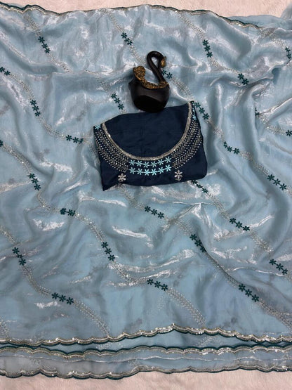 Ravishing Sky Sequence Work Fandy Silk Saree With Gorgeous Blouse Piece