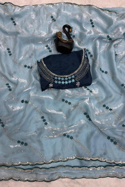 Ravishing Sky Sequence Work Fandy Silk Saree With Gorgeous Blouse Piece