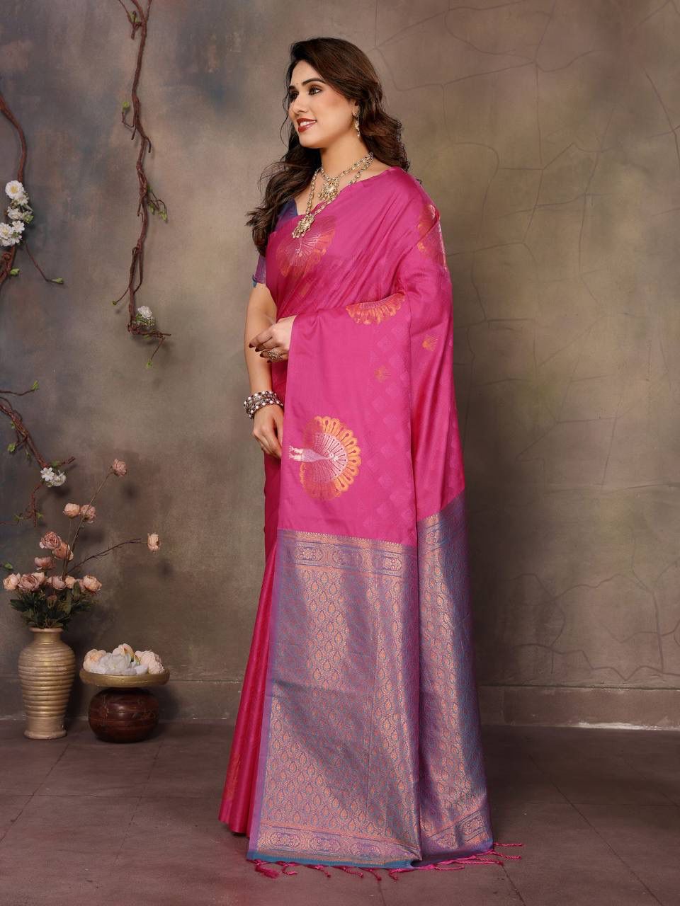 Mesmerising Dark Pink Soft Banarasi Silk Saree With Adorable Blouse Piece
