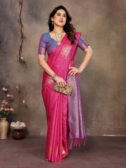 Mesmerising Dark Pink Soft Banarasi Silk Saree With Adorable Blouse Piece