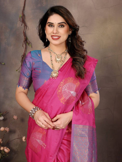 Mesmerising Dark Pink Soft Banarasi Silk Saree With Adorable Blouse Piece