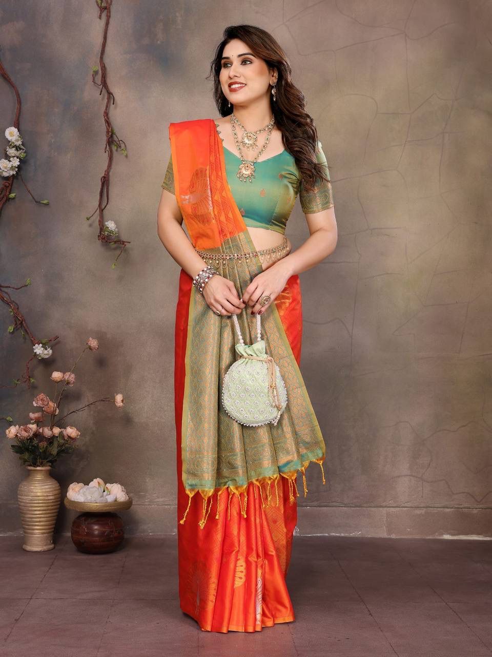Forbearance Orange Soft Banarasi Silk Saree With Adoring Blouse Piece