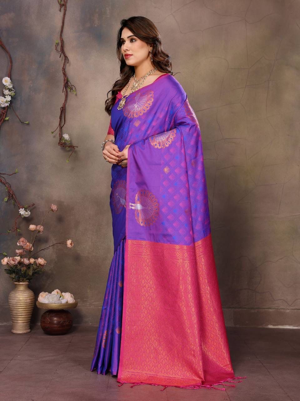 Classic Purple Soft Banarasi Silk Saree With Eclat Blouse Piece