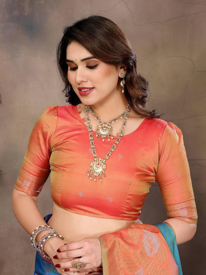 Engaging Firozi Soft Banarasi Silk Saree With Exuberant Blouse Piece