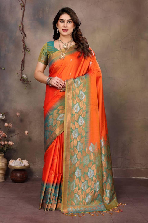 Load image into Gallery viewer, Gratifying Orange Soft Banarasi Silk Saree With Improbable Blouse Piece

