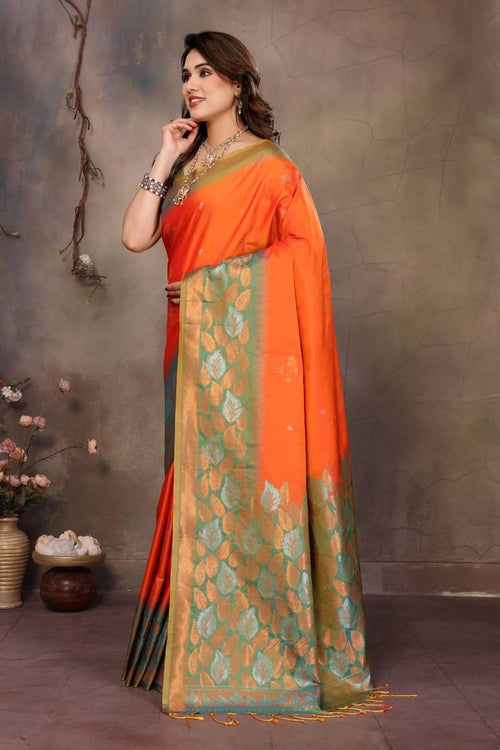 Load image into Gallery viewer, Gratifying Orange Soft Banarasi Silk Saree With Improbable Blouse Piece
