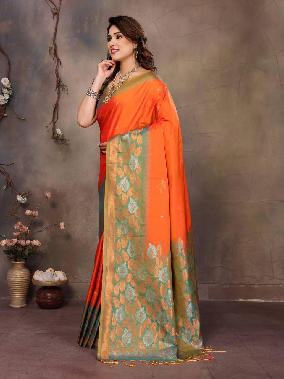 Gratifying Orange Soft Banarasi Silk Saree With Improbable Blouse Piece