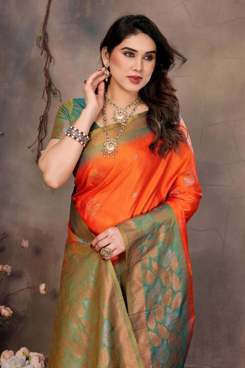 Load image into Gallery viewer, Gratifying Orange Soft Banarasi Silk Saree With Improbable Blouse Piece

