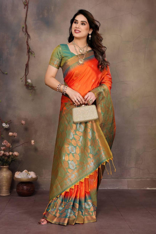 Load image into Gallery viewer, Gratifying Orange Soft Banarasi Silk Saree With Improbable Blouse Piece
