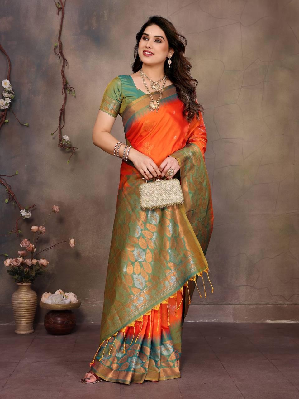 Gratifying Orange Soft Banarasi Silk Saree With Improbable Blouse Piece