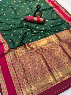 Vivacious Dark Green Soft Banarasi Kathpadar Silk Saree With Blooming Blouse Piece