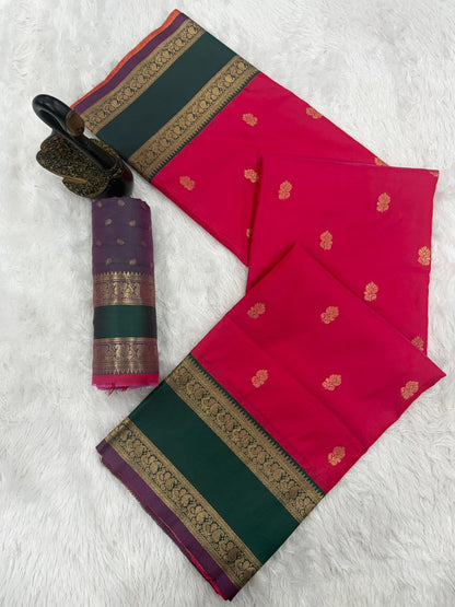 Captivating Dark Pink Soft Banarasi Kathpadar Silk Saree With Magnetic Blouse Piece