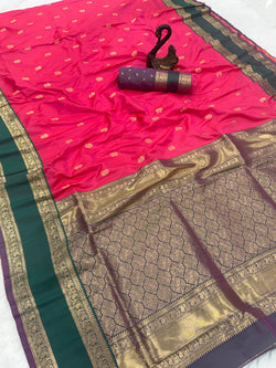Captivating Dark Pink Soft Banarasi Kathpadar Silk Saree With Magnetic Blouse Piece