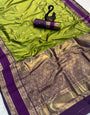 Quixotic Mehndi Soft Banarasi Kathpadar Silk Saree With Seraphic Blouse Piece