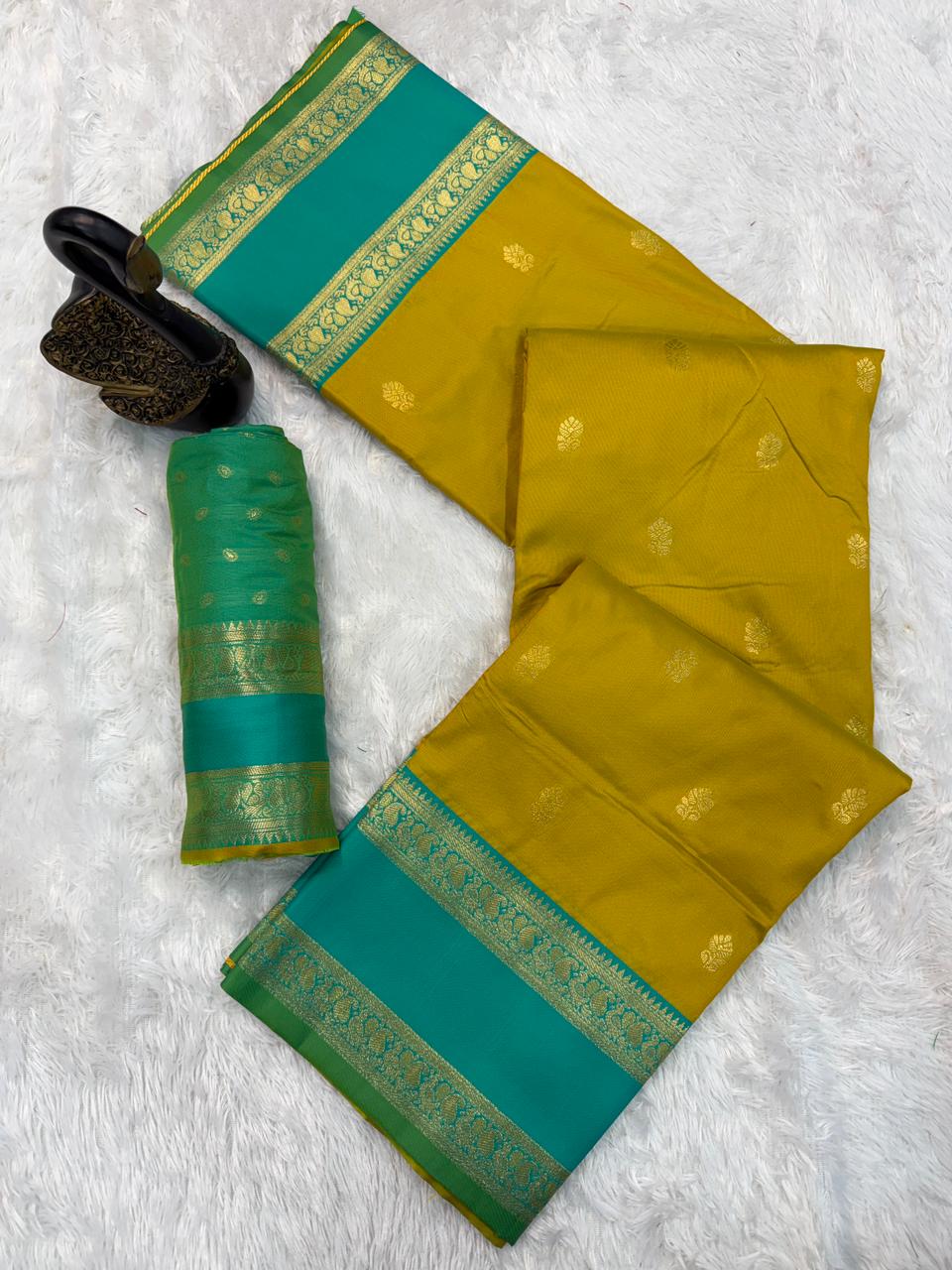 Vestigial Mustard Soft Banarasi Kathpadar Silk Saree With Jubilant Blouse Piece