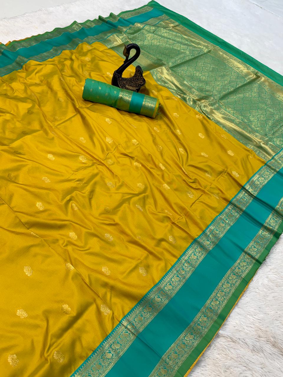 Vestigial Mustard Soft Banarasi Kathpadar Silk Saree With Jubilant Blouse Piece