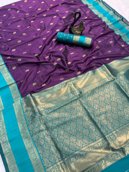 Lovely Purple Soft Banarasi Kathpadar Silk Saree With Dulcet Blouse Piece