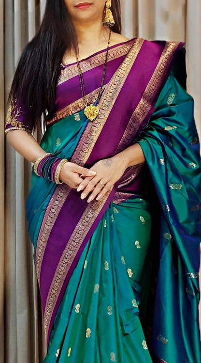 Phenomenal Rama Soft Banarasi Kathpadar Silk Saree With Opulent Blouse Piece