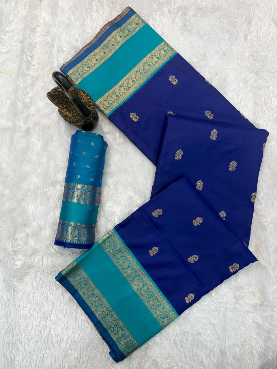 Seraglio Royal Blue Soft Banarasi Kathpadar Silk Saree With Ephemeral Blouse Piece