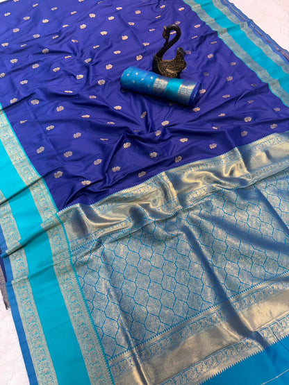 Seraglio Royal Blue Soft Banarasi Kathpadar Silk Saree With Ephemeral Blouse Piece