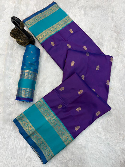 Enchanting Royal Purple Soft Banarasi Kathpadar Silk Saree With Girlish Blouse Piece
