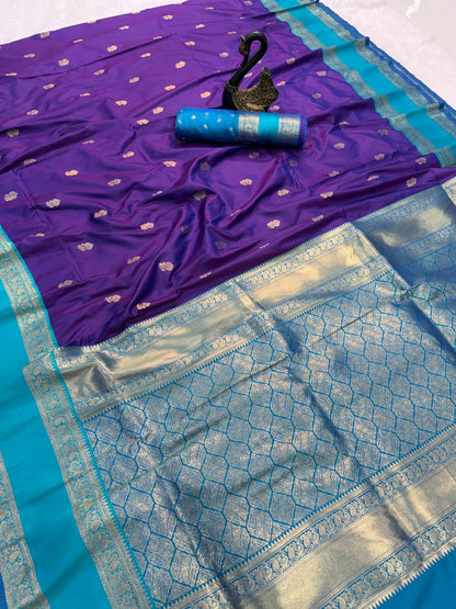 Enchanting Royal Purple Soft Banarasi Kathpadar Silk Saree With Girlish Blouse Piece