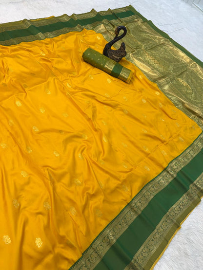 Piquant Yellow Soft Banarasi Kathpadar Silk Saree With Luxuriant Blouse Piece