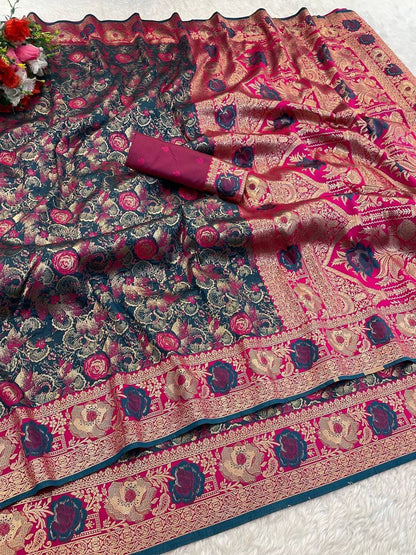 Scintillating Rama Soft Banarasi Silk Saree With Staggering Blouse Piece