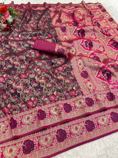 Proficient Wine Soft Banarasi Silk Saree With Marvellous Blouse Piece