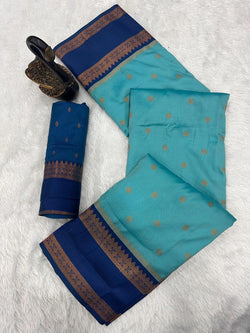 Fancifull Firozi Soft Banarasi Silk Saree With Sonorous Blouse Piece
