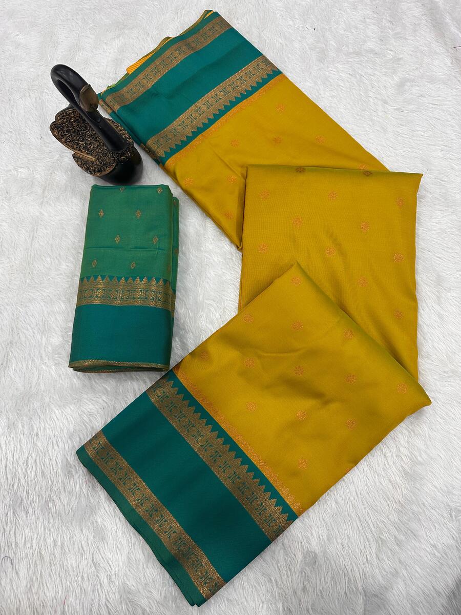 Piquant Mustard Soft Banarasi Silk Saree With Sonorous Blouse Piece
