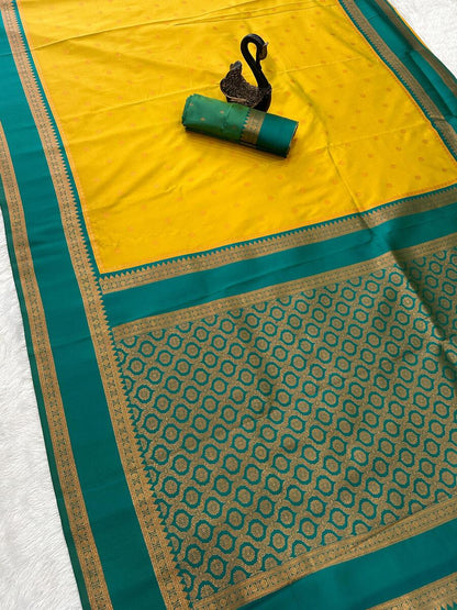 Piquant Mustard Soft Banarasi Silk Saree With Sonorous Blouse Piece
