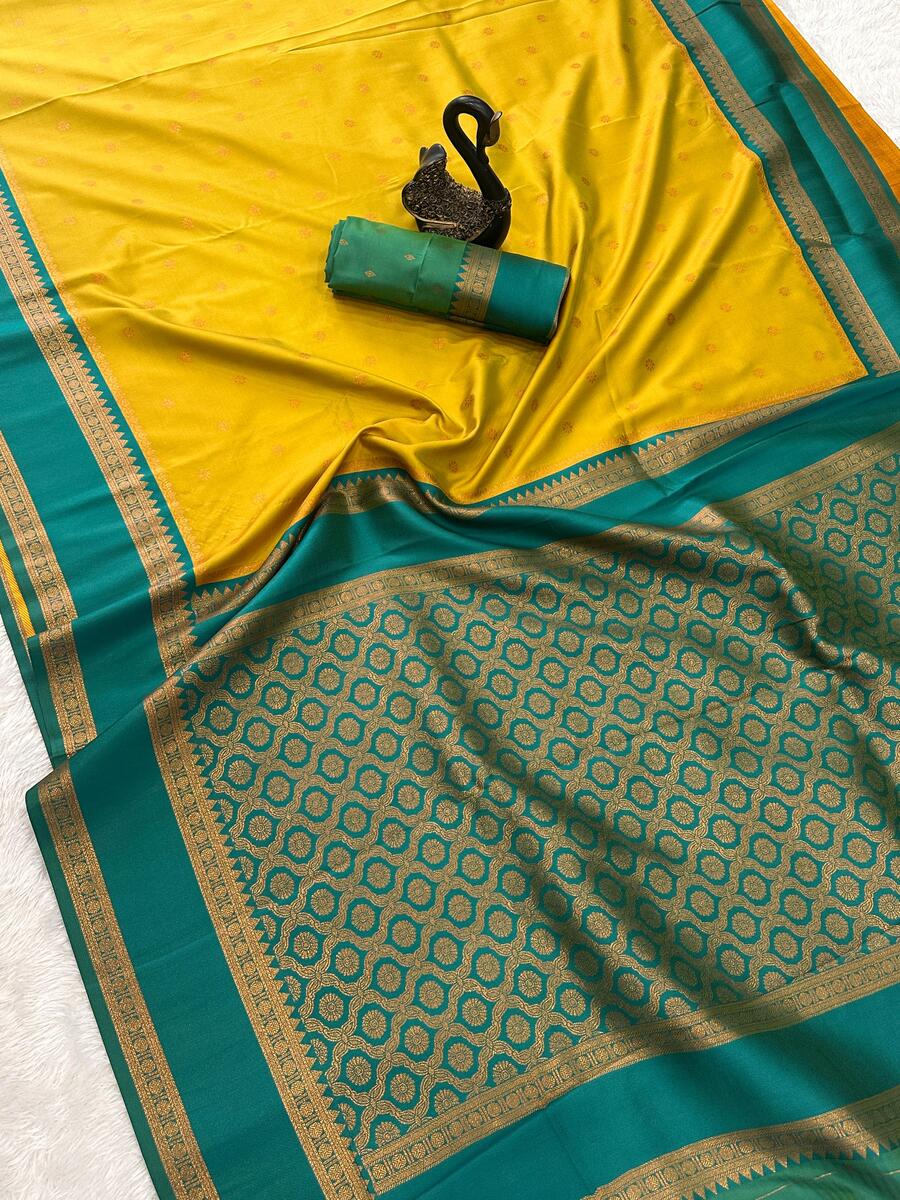 Piquant Mustard Soft Banarasi Silk Saree With Sonorous Blouse Piece