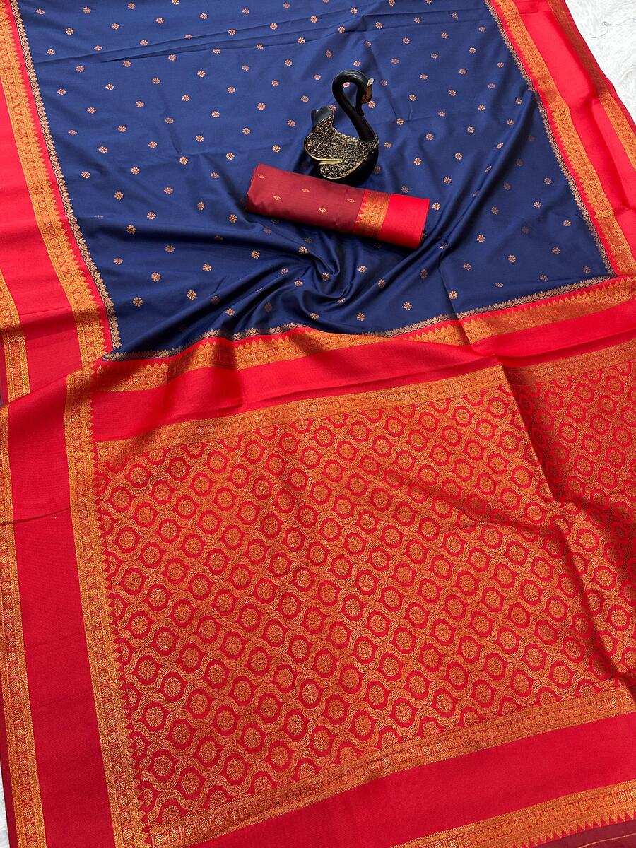 Radiant Navy Blue Soft Banarasi Silk Saree With Fugacious Blouse Piece