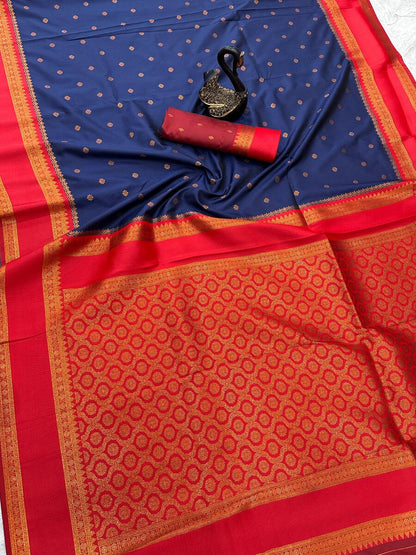 Radiant Navy Blue Soft Banarasi Silk Saree With Fugacious Blouse Piece