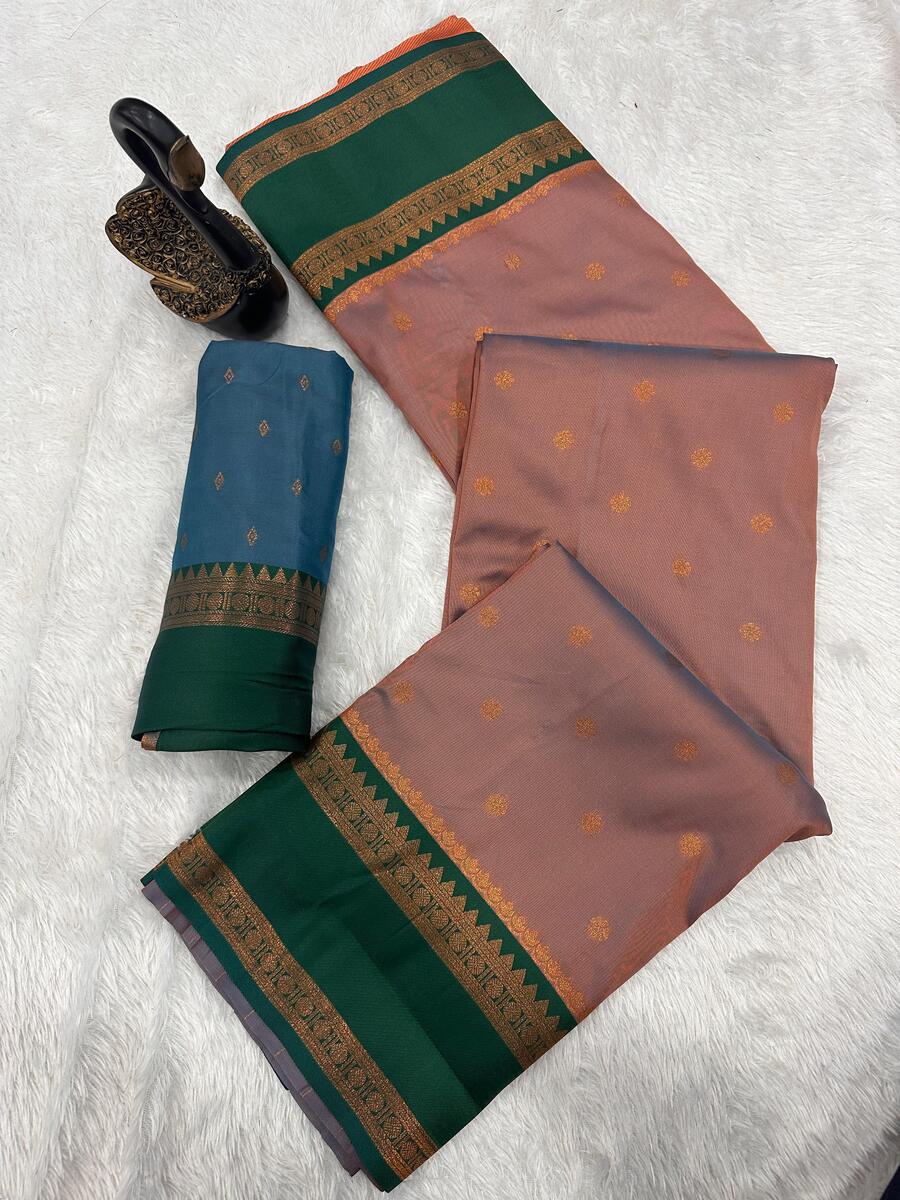 Improbable Peach Soft Banarasi Silk Saree With Deserving Blouse Piece