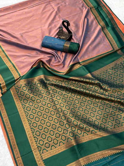 Improbable Peach Soft Banarasi Silk Saree With Deserving Blouse Piece