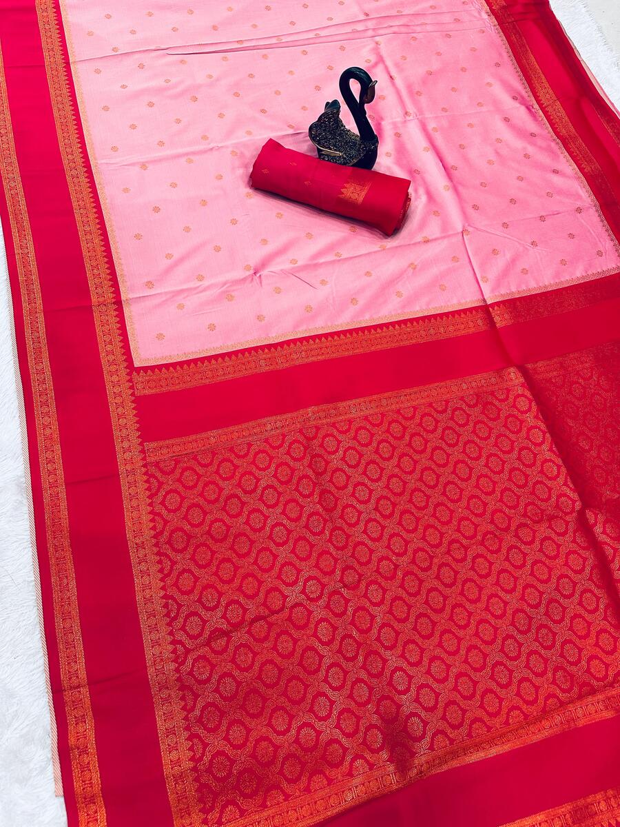 Radiant Pink Soft Banarasi Silk Saree With Moiety Blouse Piece