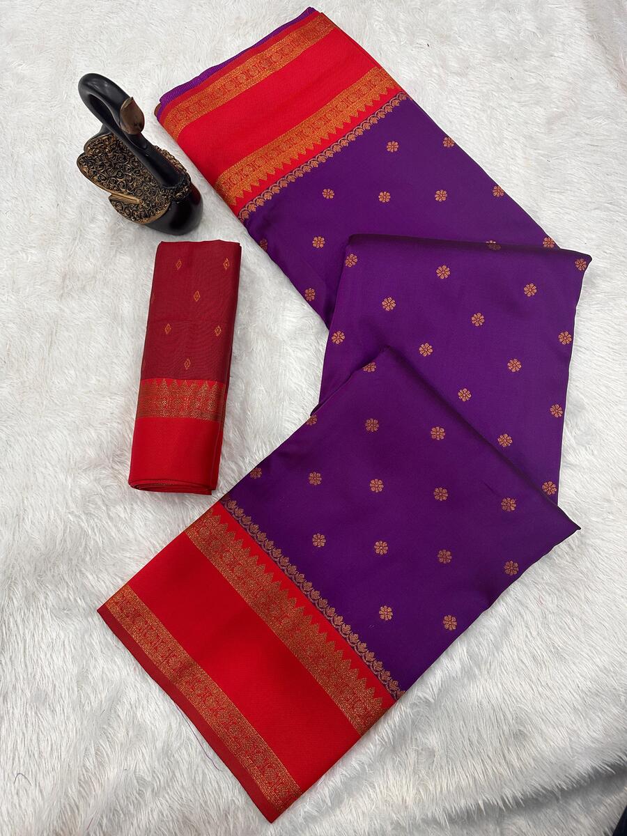 Traditional Purple Soft Banarasi Silk Saree With Assemblage Blouse Piece