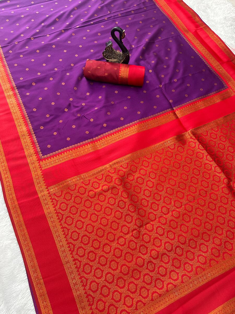 Traditional Purple Soft Banarasi Silk Saree With Assemblage Blouse Piece