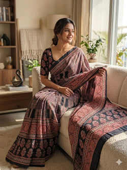 Evanescent Black Ajrakh Printed Dola Silk Saree With Woebegone Blouse Piece