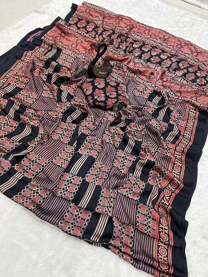 Evanescent Black Ajrakh Printed Dola Silk Saree With Woebegone Blouse Piece
