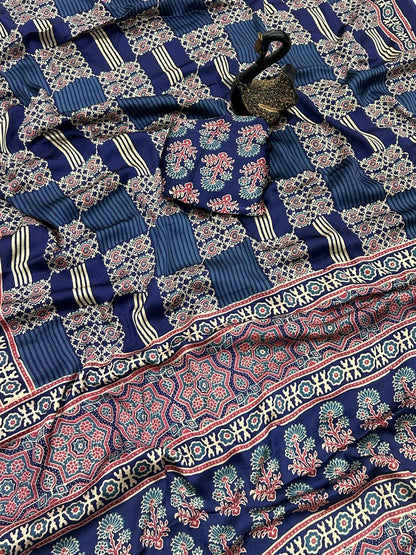 Appealing Blue Ajrakh Printed Dola Silk Saree With Petrichor Blouse Piece