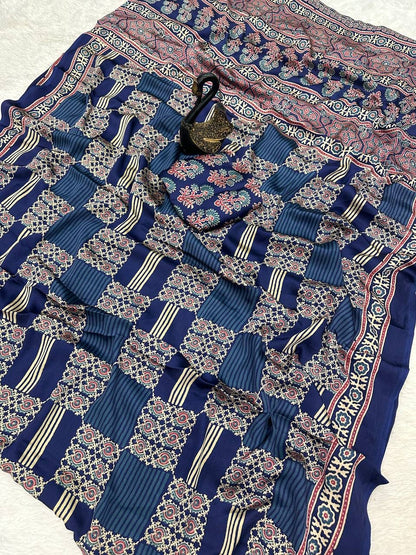 Appealing Blue Ajrakh Printed Dola Silk Saree With Petrichor Blouse Piece