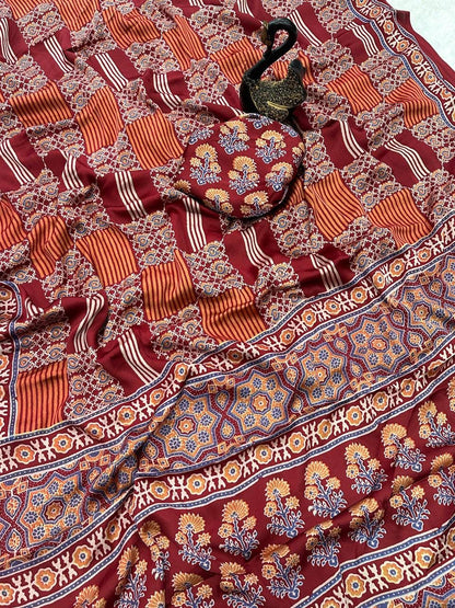 Desiring Maroon Ajrakh Printed Dola Silk Saree With Classic Blouse Piece