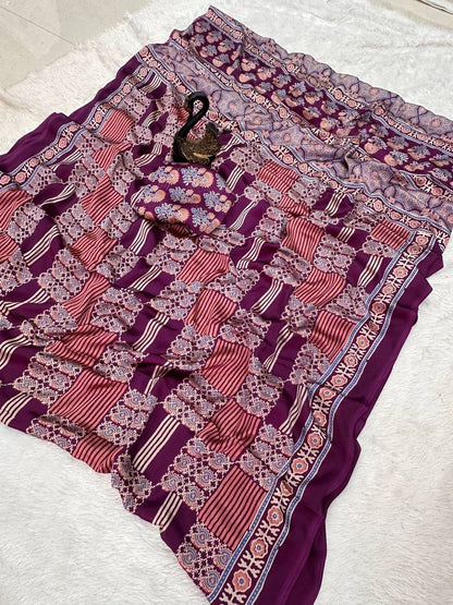 Designer Purple Ajrakh Printed Dola Silk Saree With Staggering Blouse Piece