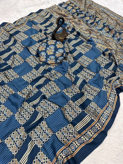Surreptitious Rama Ajrakh Printed Dola Silk Saree With Desultory Blouse Piece