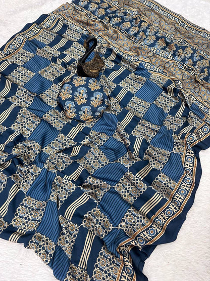 Surreptitious Rama Ajrakh Printed Dola Silk Saree With Desultory Blouse Piece